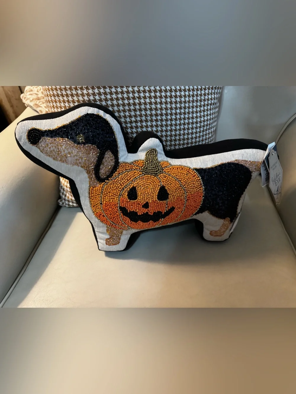 Beaded Pumpkin Dachshund Halloween Accent Pillow by Hallow’s Eve.